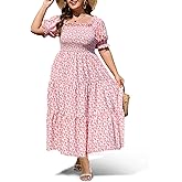 Women's Plus Size Casual Maxi Dress Square Neck Smocked Dress Short Puff Sleeve Floral Solid Summer Dress