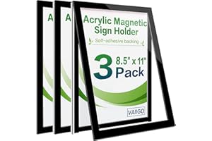 VAIIGO 8.5" x 11" Acrylic Sign Holder Wall Mount, Self-Adhesive Magnetic Display Frame with Nano Tape and Strong Magnetic Border for Wall, Door, Glass, Home, Store, Office (Black, 3Pack)
