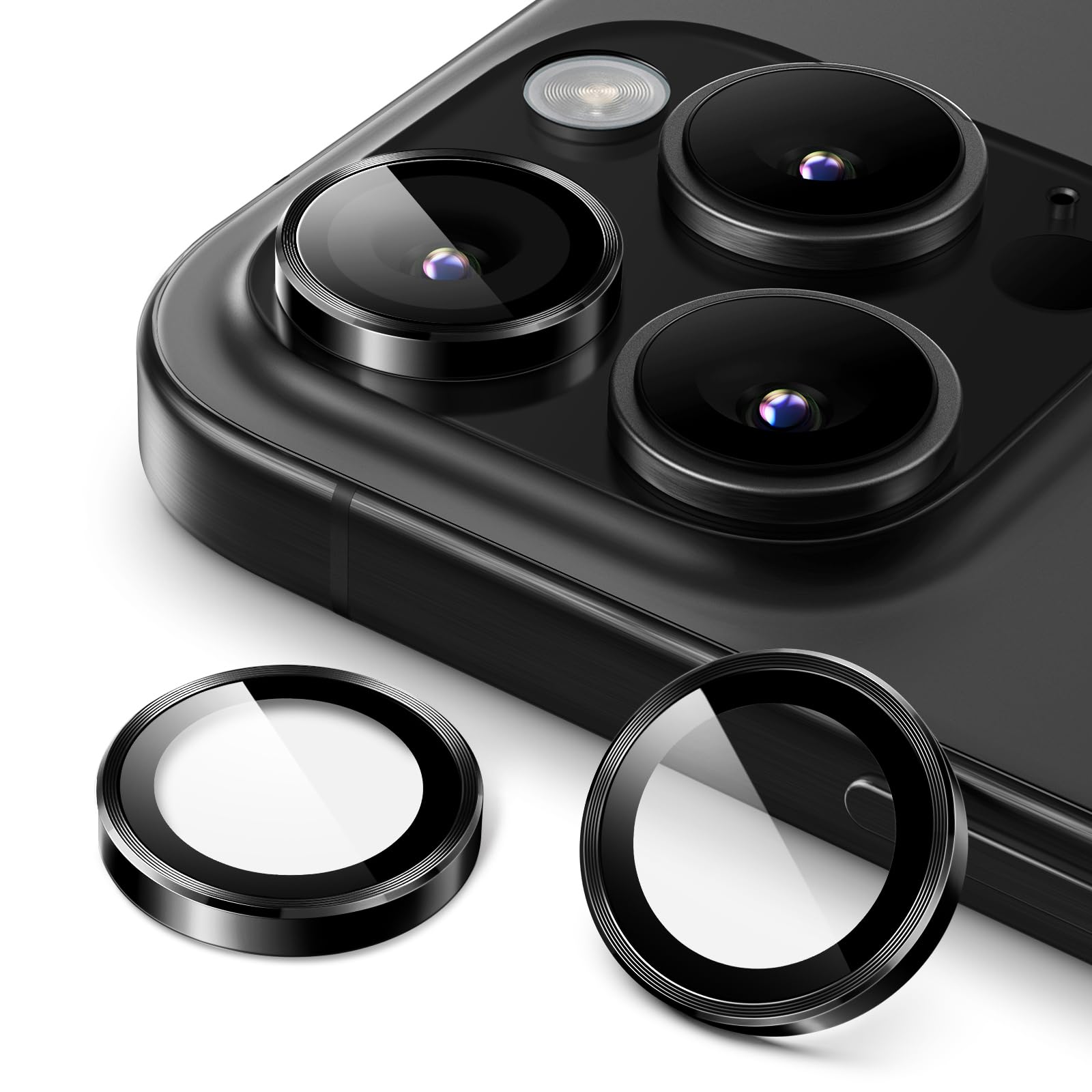 JETech Camera Lens Protector for iPhone 16 Pro 6.3-Inch and iPhone 16 Pro Max 6.9-Inch, 9H Tempered Glass Metal Individual Ring Cover, HD Clear, 1 Set (Black)