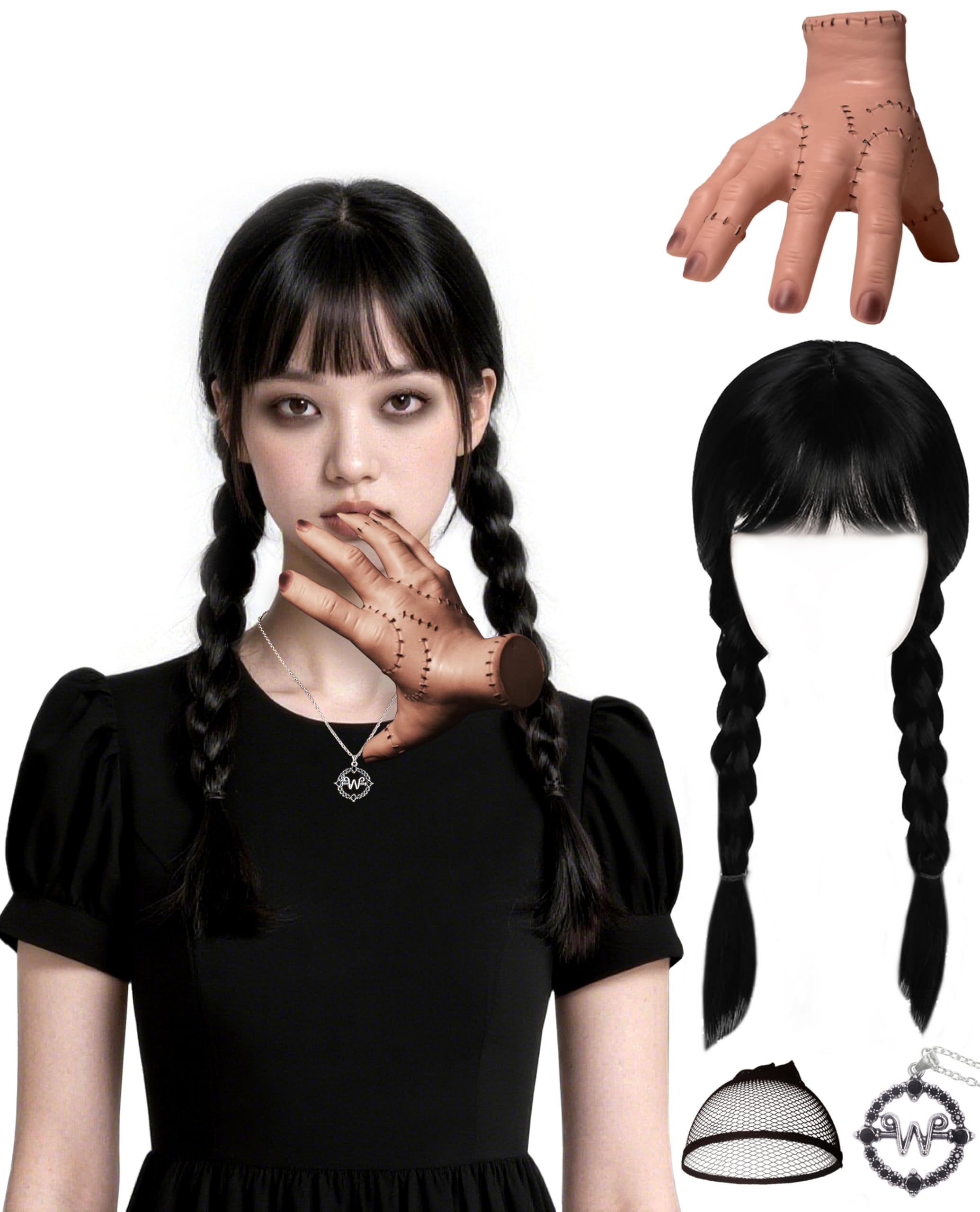 Photo 1 of Feliardin Gothic Girls Costume Women Dark Academia Wig Hand Thing prop Necklace For Adult Halloween Cosplay-Bangs Wig