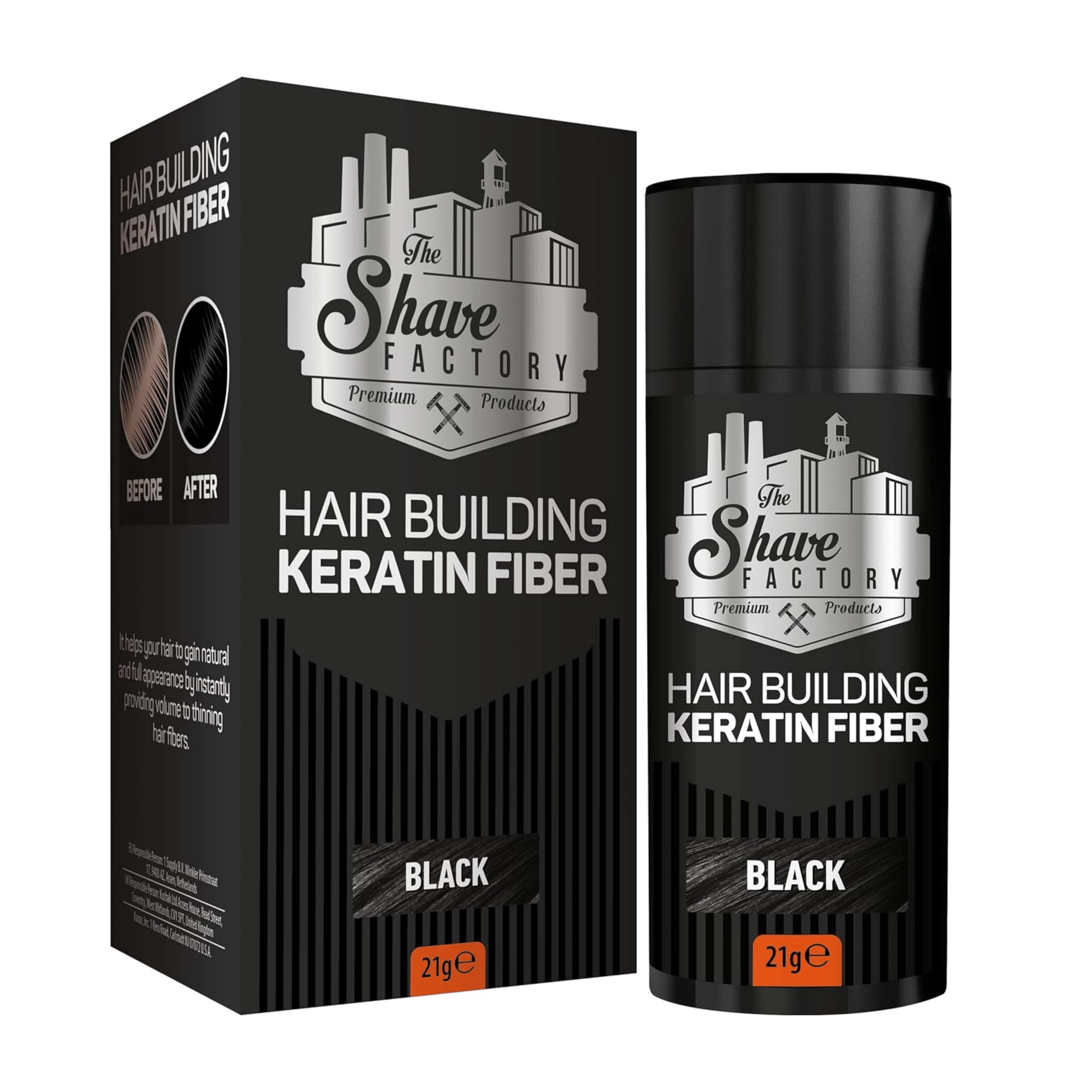 THE SHAVE FACTORY Hair Building Keratin Fibre 21 g Large Tin Pouring Hair Fibres Scattered Hair Black