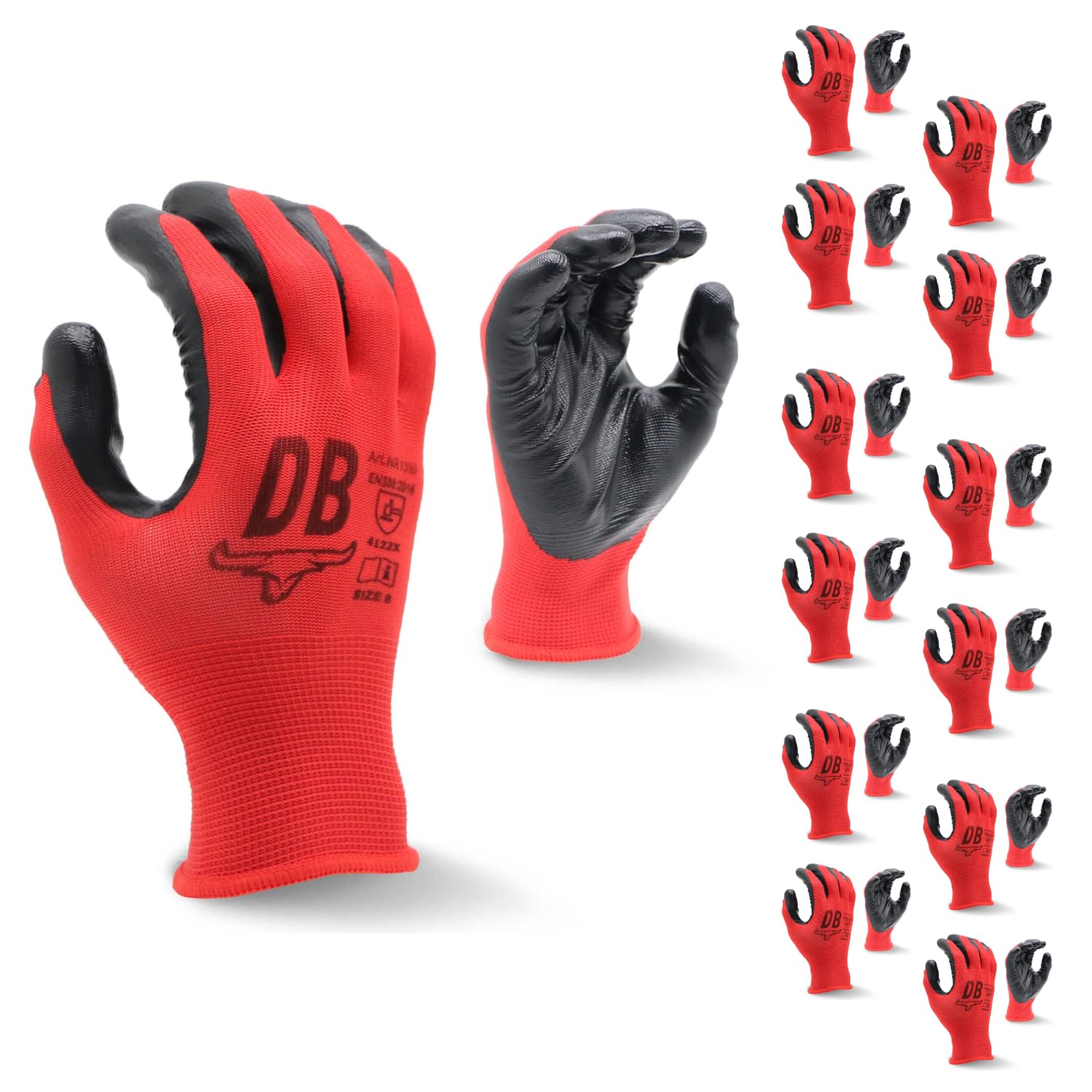 Durabull Work Gloves - 12 Pairs. Protective Safety Gloves For Working & General Use. Nitrile Coated With Secure Fit & Anti-Slip Grip. Heavy Duty, Oil Resistant Gloves - (NR1390, Size 7, Red).