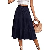 HELYO Women's Casual Summer Skirts Boho High Elastic Waisted Flowy Drawstring Ruched A Line Tiered Maxi Dress Skirt