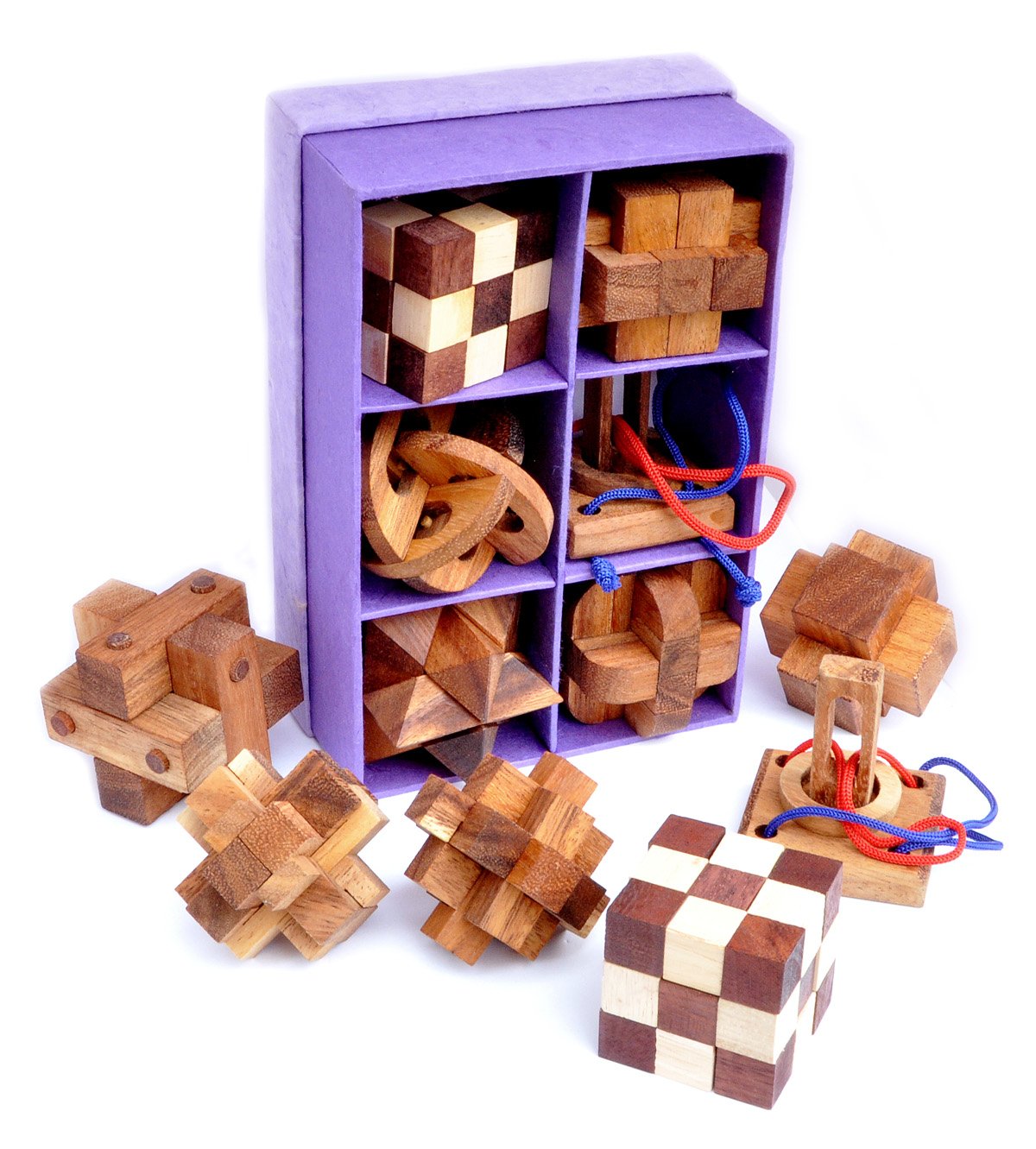 Logica Puzzles Art. Wooden Set 6 in 1-3D Brain Teasers in Fine Wood - Rice Paper Box - All Difficulties - Leonardo da Vinci Collection