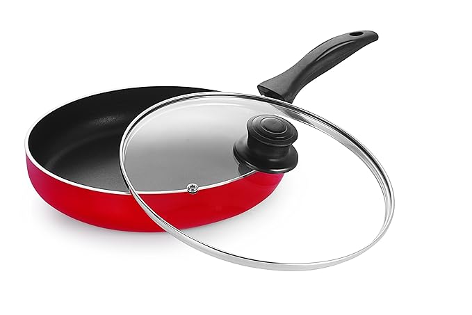 NIRLON Heavy Guage Non-Stick Cookware Fry Pan with Glass Lid, Red & Black (Aluminium, Stainless