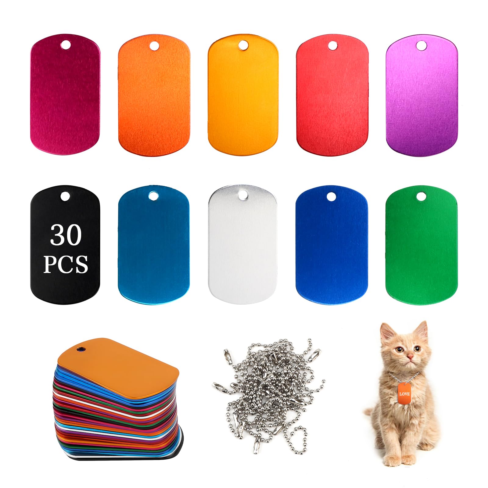 LALAGO Pack of 30 Perforated Blank Aluminium Dog Tags, Key Ring Blanks, Colourful Dog Tags, Aluminium Pet Tags with Chain for Dogs Dog Tag, Dog Tag Personalised DIY — image 1