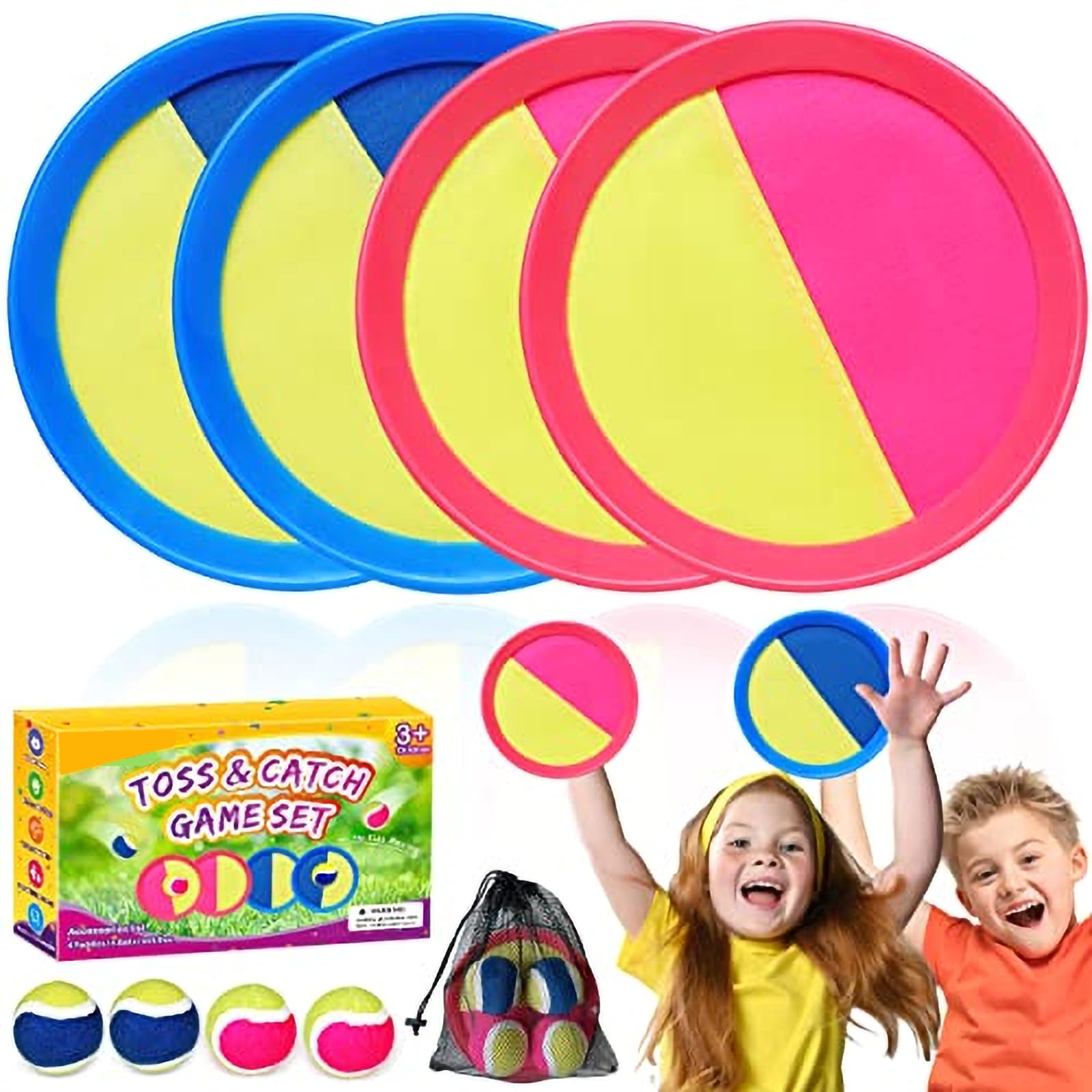 ZMLM Toss Catch Ball Toy Set: Beach Yard Lawn Sport Game Activity Backyard Fun Outside Family Outdoor Toy for Age 3-12 Girl Boy Kid Birthday Gift with 4 Sticky Paddles 4 Throw Balls (Green+Pink)