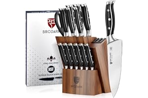 BRODARK Kitchen Knife Set with Block, Full Tang 15 Pcs Professional Chef Knife Set with Knife Sharpener, Food Grade German Stainless Steel Knife Block Set, Steel-king Series