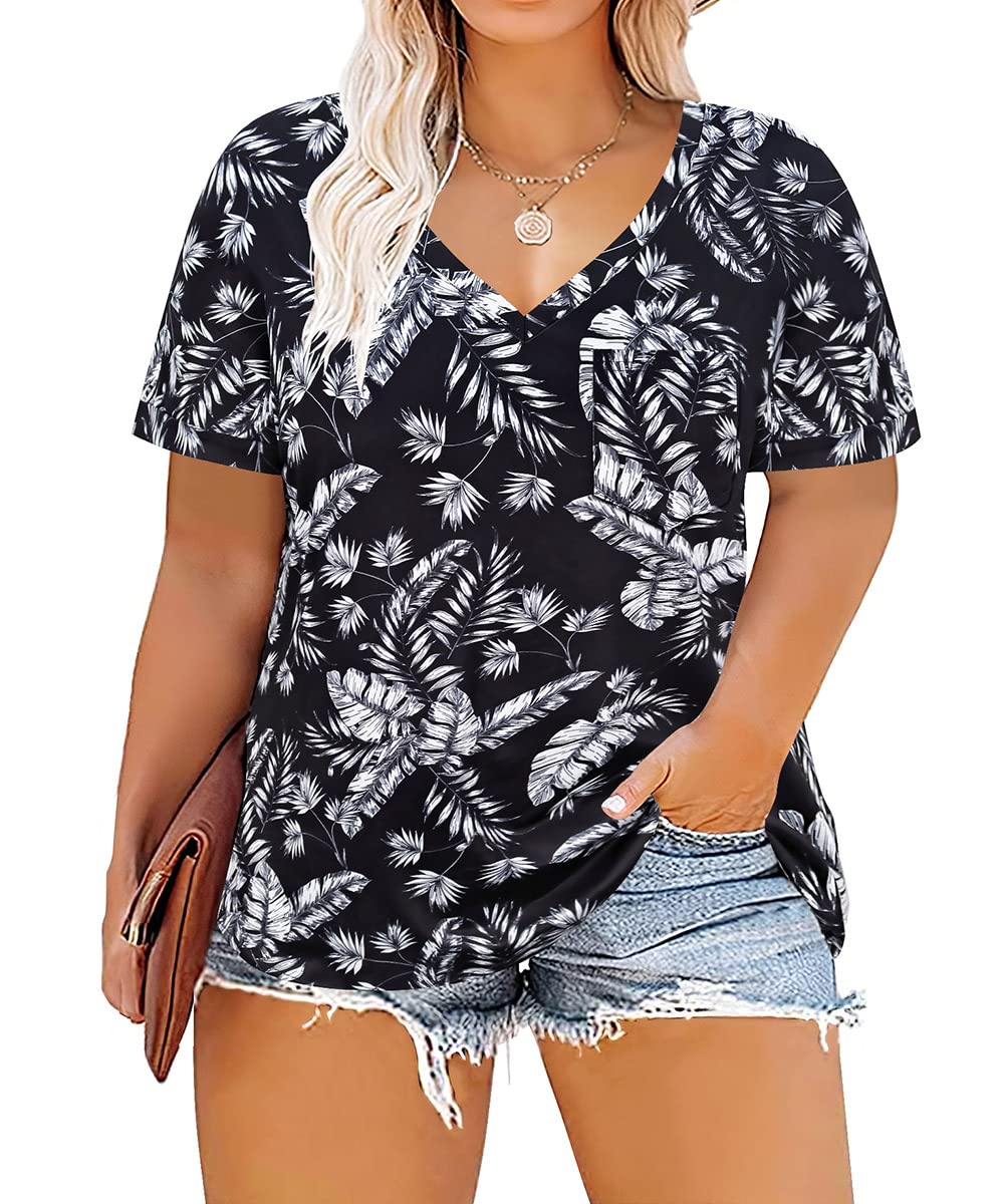 Photo 1 of RITERA Plus Size Shirts for Women Short Sleeve Hawaiian Tops 5X Floral Summer T-Shirts Sexy V Neck Blouses Casual Basic Black Tees Fashion Tunics Top with Front Pockets 5XL 28W