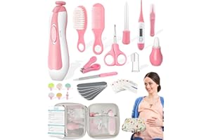QUEENII 30 in 1 Baby Healthcare and Grooming Kit, Portable Baby Electric Nail Trimmer Set, Newborn Nursery Care Kit Baby Essentials with Baby Healthcare kit, Medicine Dispenser, Haircut Tools, etc (Pink)