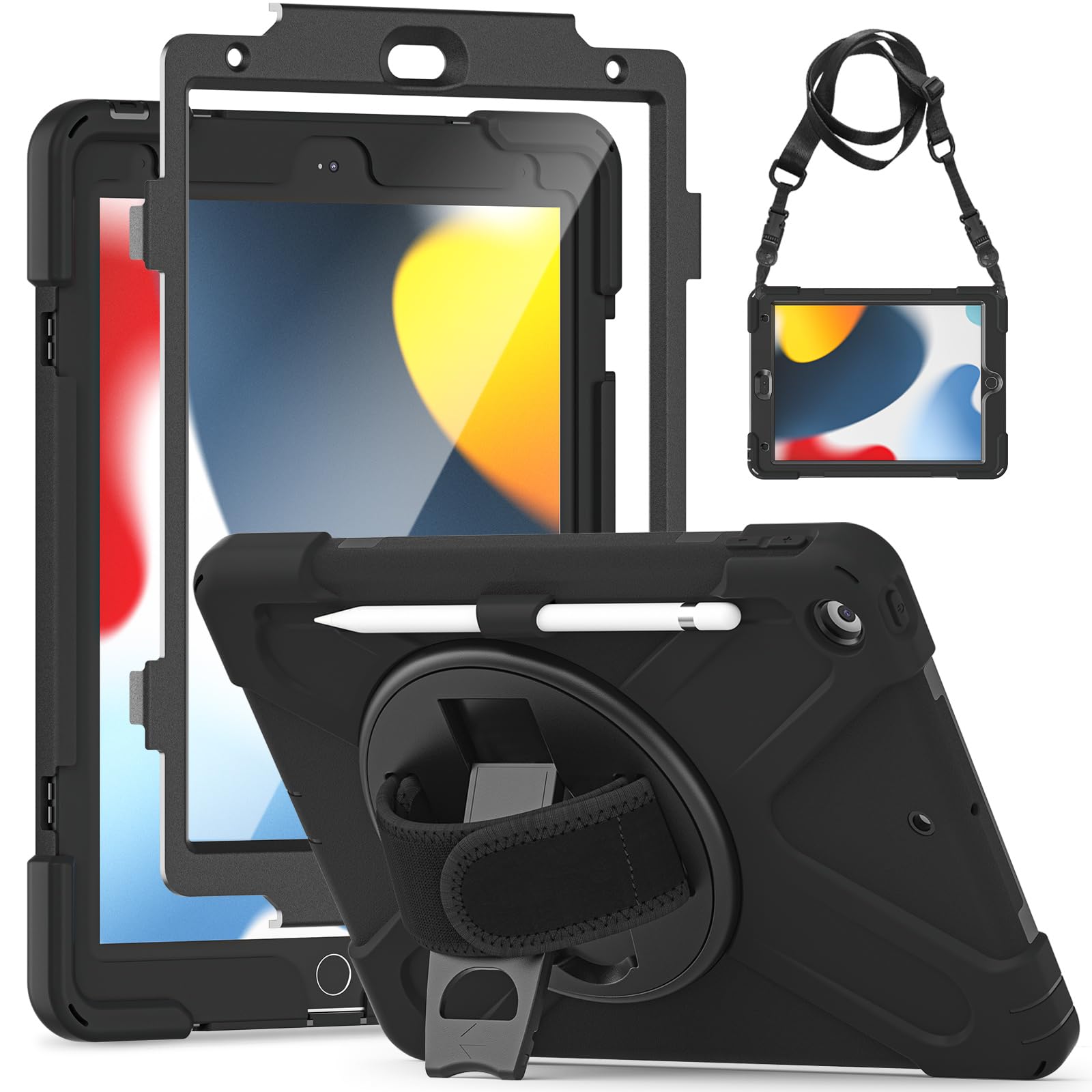 Gerutek for iPad 9th/8th/7th Gen Case with Screen Protector, Full body Drop-proof iPad 10.2 Case Shockproof with [Pencil Holder][360 Rotating Stand] [Shoulder Strap] Rubber Protective Case,Black