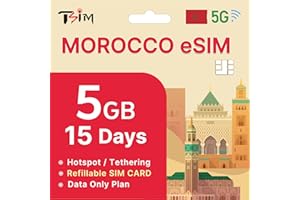 Morocco eSIM 15 Days – 5GB Plan | 5G/4G High Speed Data | eSIM in 24 Hours | Hotspot/Tethering Enabled | Refillable eSIM | Da