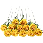 Cloudecor 12Pcs Yellow Roses Artificial Flowers Fake Roses Faux Velvet Silk Flower for Home Wedding Decoration (Pearl Rose, Yellow)