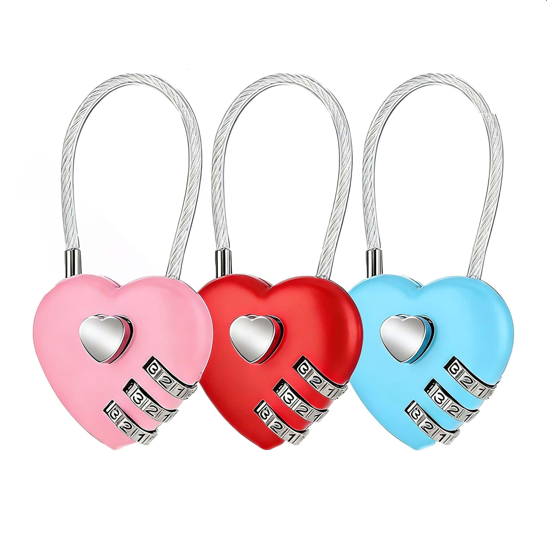 3 Pieces Luggage Locks 3 Digit Combination Number Password Heart Shape Padlocks for Outdoor Travel Suitcase Baggage Backpacks School Gym Lockers Computer Bags Filing Cabinets Toolbox