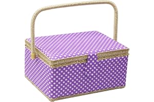 FLRHSJX Large Sewing Basket with Accessories,Wooden Sewing Organizer Box for Sewing Supplies and DIY Crafting Tools Storage,Sewing Kit Tools for Sewing Mending,Polka Dots (purple)