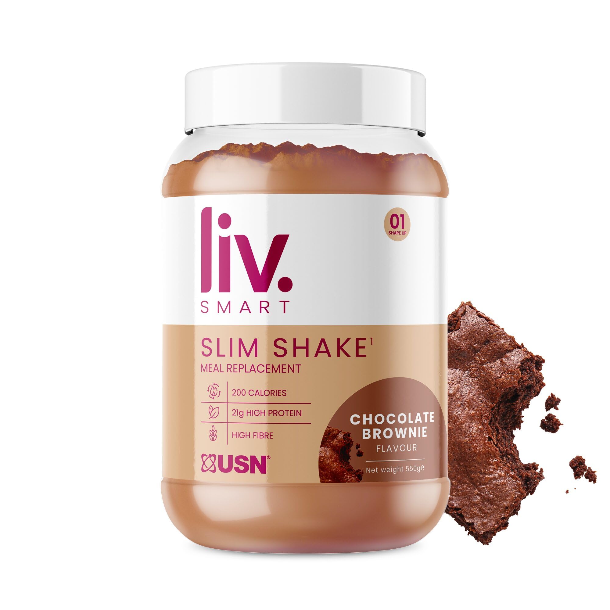 USN Liv.Smart Slim Shake Chocolate Brownie 550g - High Protein (21g) Meal Replacement Shake & Weight Loss Support - Low in Sugar & Suitable for Vegetarians, 10 Servings