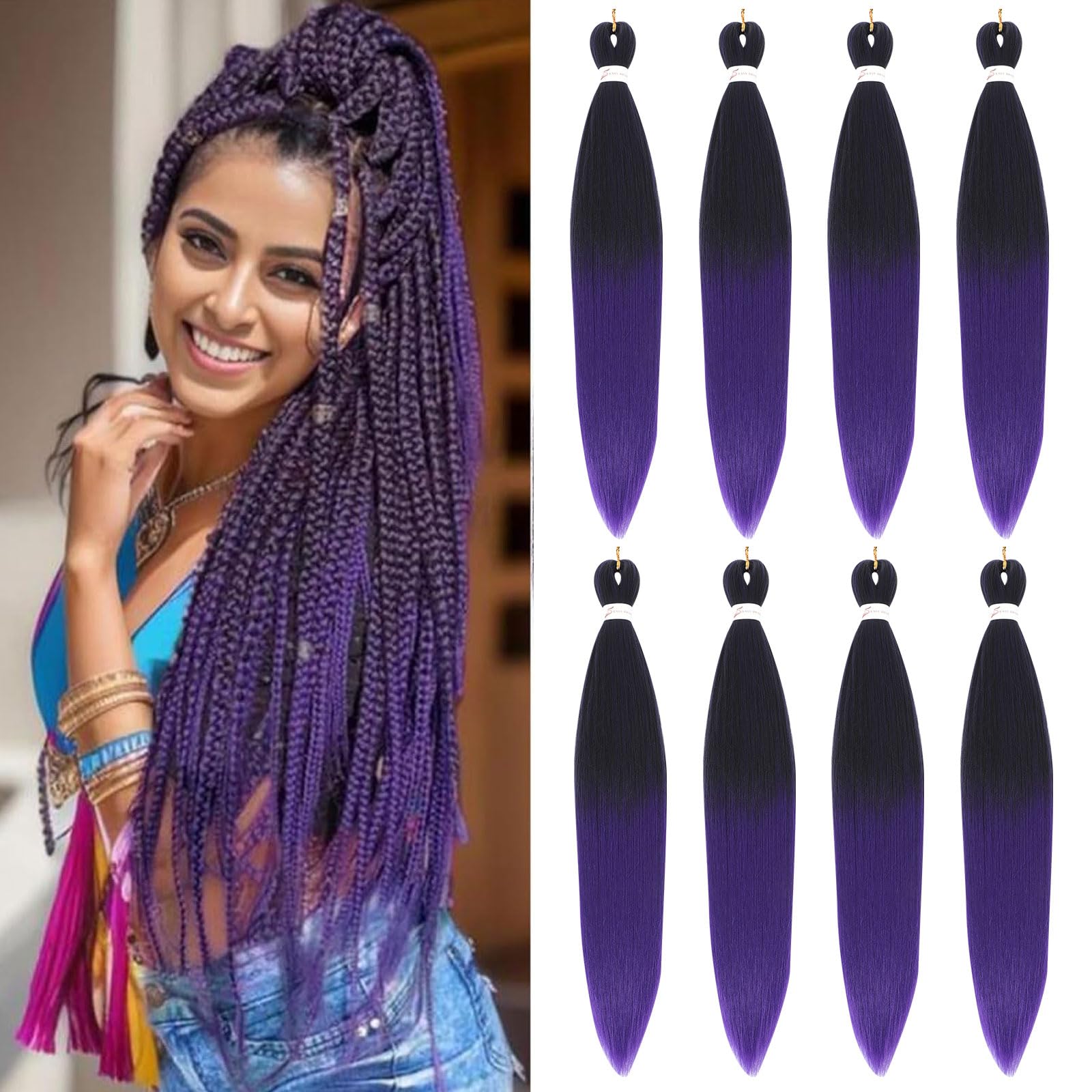 Easy Braid Pre stretched Braiding Hair Extensions - 26 Inch 8Packs Ombre Braiding Hair Soft Yaki Texture Crochet Synthetic Hair Hot Water Setting Crochet Braiding Hair Extensions (1B/Purple#) — image 1
