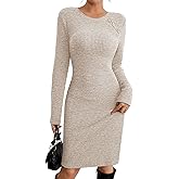 Pink Queen Womens Fall Dress Bust Button Crewneck Long Sleeve Ribbed Knit Knee Length Bodycon Winter Dresses