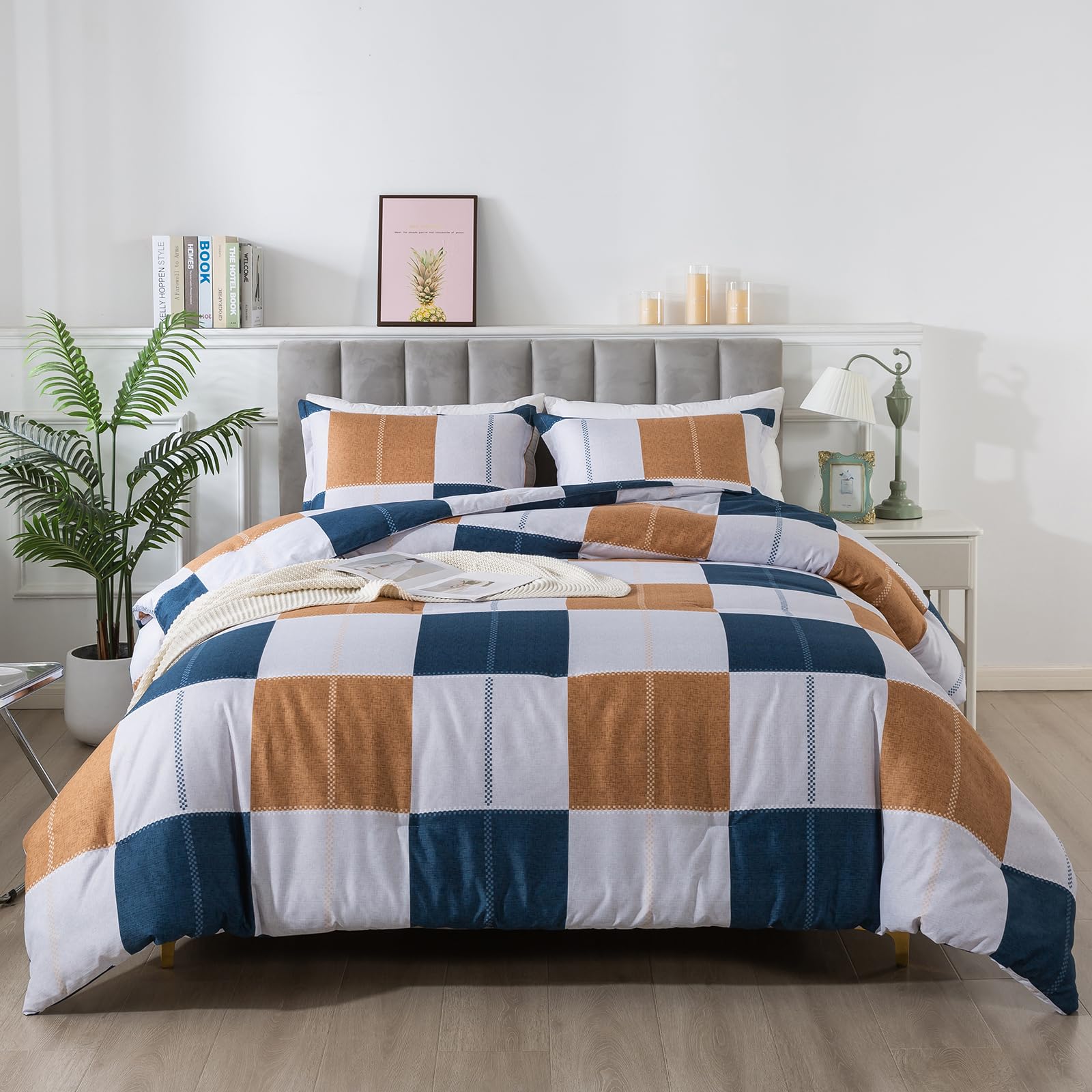 Photo 1 of Caressma Plaid Checkered Comforter Set Navy Blue and Gray, Fluffy Brown Geometric Grid Buffalo 3 Pieces Comforter Set Queen with Two Matching Pillow Shams