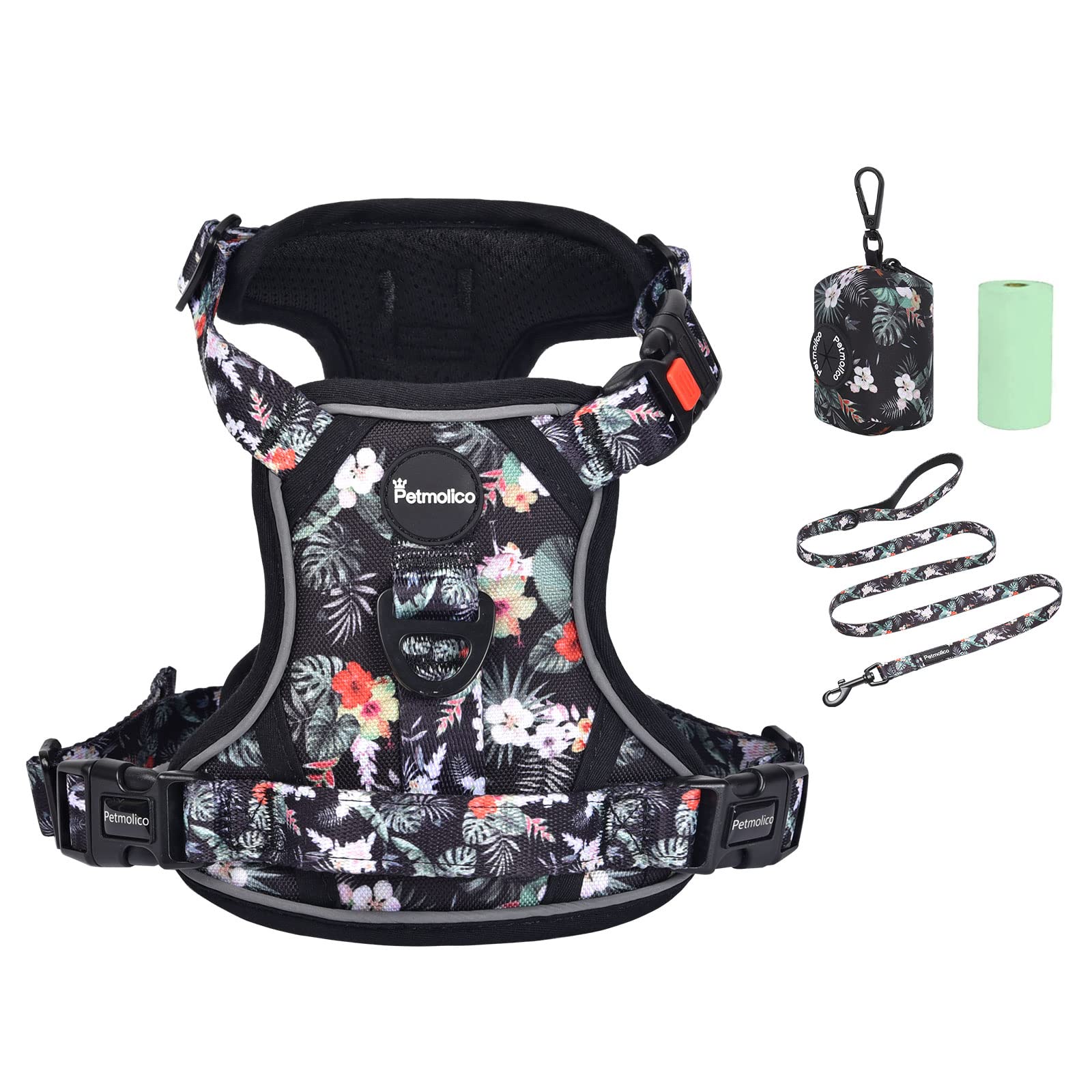 Petmolico No Pull Dog Harness Set with Leash Attachment Easy Control Handle Reflective Harness Vest Small Breed, Puppy Vest and Leash Set with Poop Bag Holder, Small - Rainforest Flower