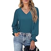 Aifer Womens Blouses Dressy Casual Tops V Neck Ruffle Balloon Long Sleeve Shirts Elegant Business Casual Outifts