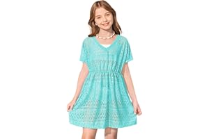 BesserBay Girls Summer Crochet Bat Sleeve Hollow Out Sheer Swimsuit A-line Hem Loose Fit Quickly Dry Coverups 5-14 Years