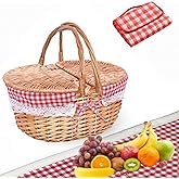 Picnic Basket with Liner & Picnic Blanket - Wicker Picnic Baskets with Lid - Vintage Style Large Woven Basket with Double Handles for Camping, Thanks Giving（13.78" D x 9.84" W x 6.69" H）