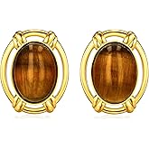 Large Oval Button Chunky 18K gold plated Tiger Eye Gemstone Statement Earrings for Women by SNGIA, Big Brown Amber Bold Handmade Exaggerated Dome Retro Rounded Button Half Ball Trendy Bohemian Jewelry Gifts, Unique Baroque Stone Summer Beach Fashion Earrings Accessories, Round Thick Circular Nickle Free Huggies Earrings.