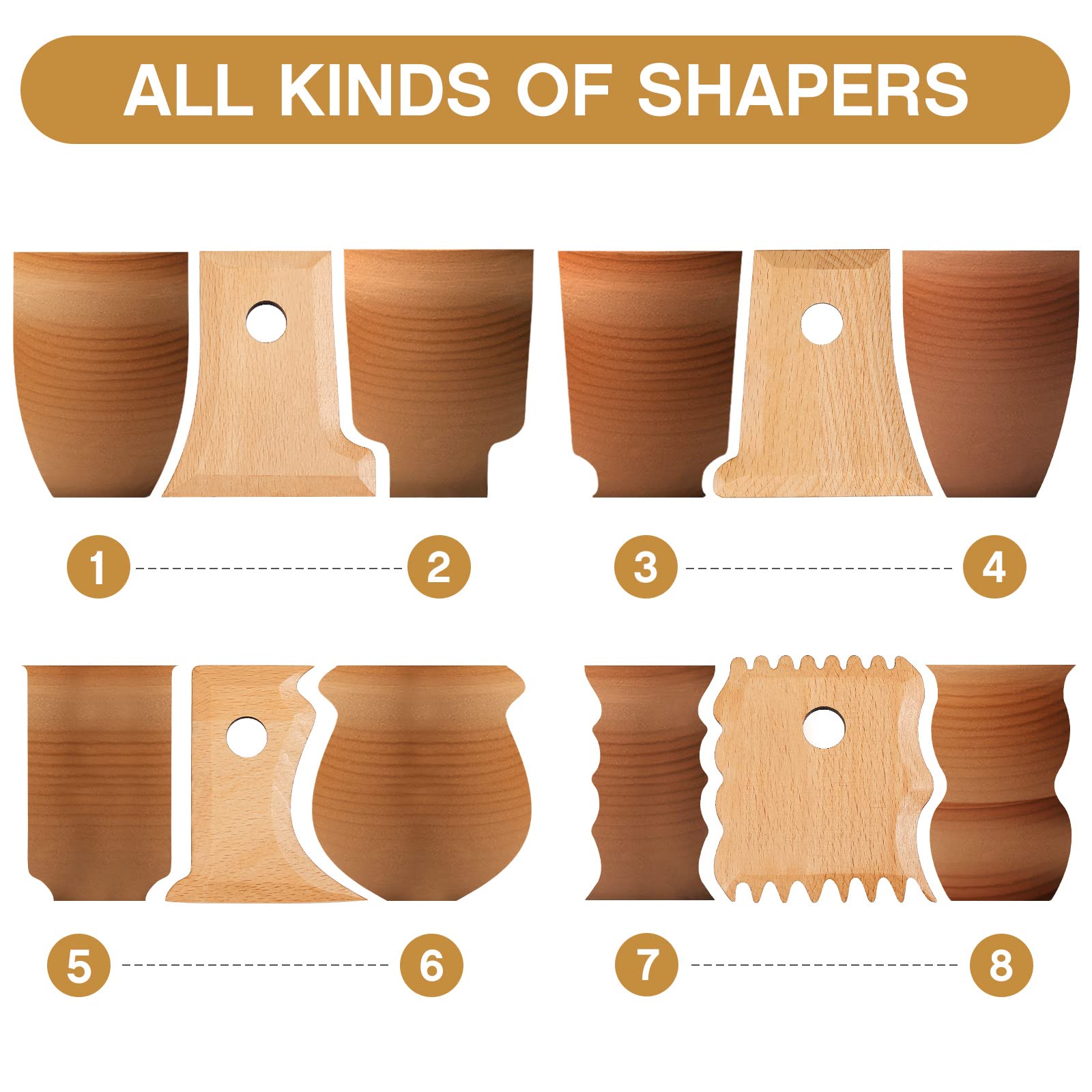 Amylove 7 Pcs Pottery Tools Pottery Foot Shaper Trimming Tools Profile Rib Bundle Foot Shaper for Ceramics for Carving Clay Molds Clay Texture Ribs Ceramics, Beech Wood, Stylish Style