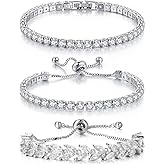 3PCS Tennis Bracelets for Women Set - Stackable Gold & Silver Plated Brass - Round & Marquise Cubic Zirconia - Adjustable & Foldover Clasp - Elegant Jewelry Gift for Her, Mom, Wife, Girlfriend