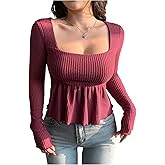 SOLY HUX Women's Square Neck Peplum Tops Long Sleeve Ruffle Hem Tee Knit Fall Casual T Shirt