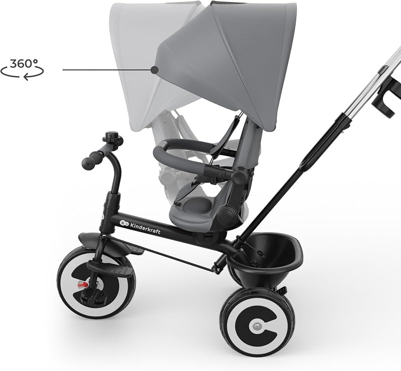 Aston 2 PRO Dreirad, Schiebestange, 360° Sitz, Verdeck, Grau