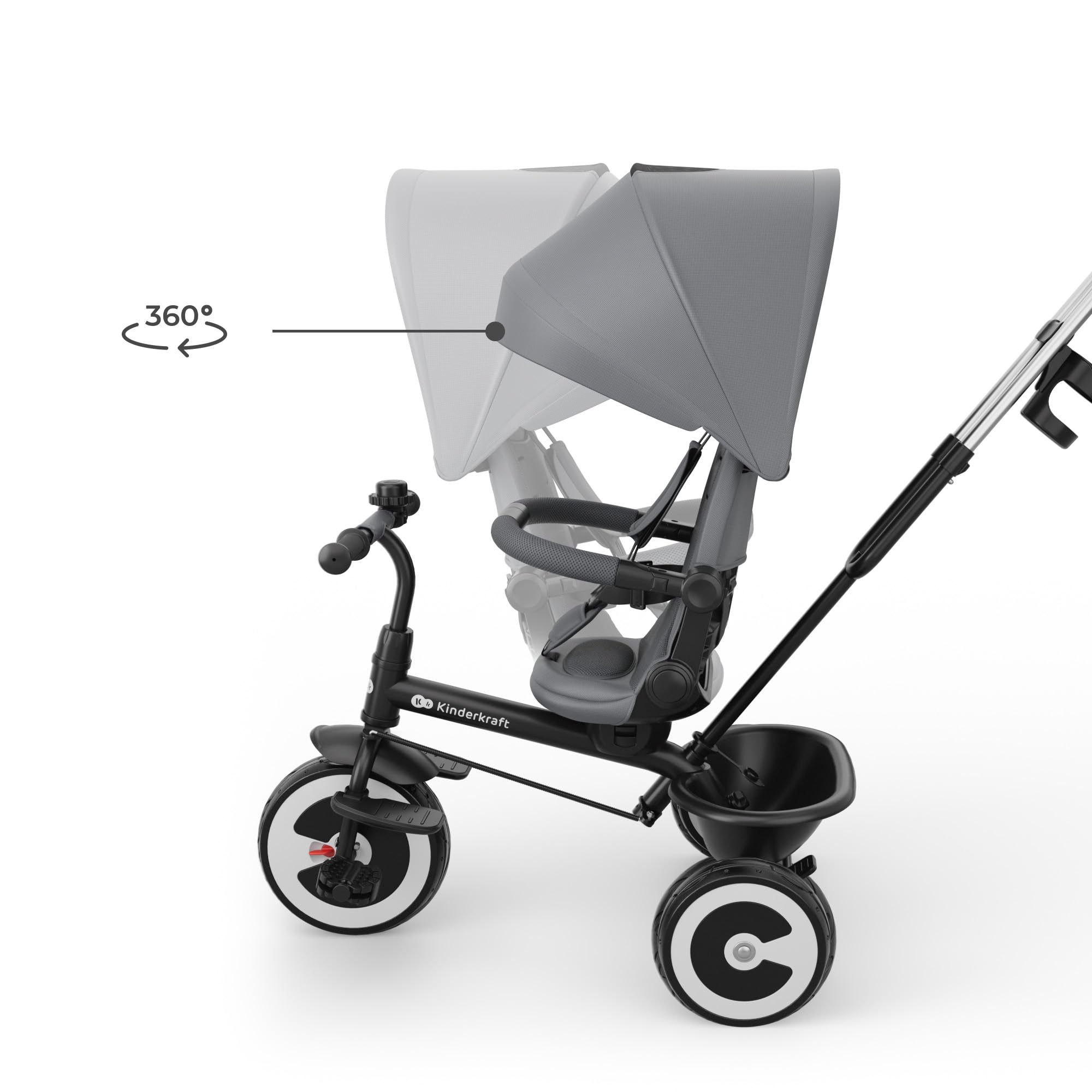 Kinderkraft Aston 2 PRO Dreirad mit Schiebestange, drehbarer 360° Sitz Click & Twist, Halbliegefunktion vor- & rückwärts, Freilaufpedale, Verdeck mit Sichtfenster, Grau 5