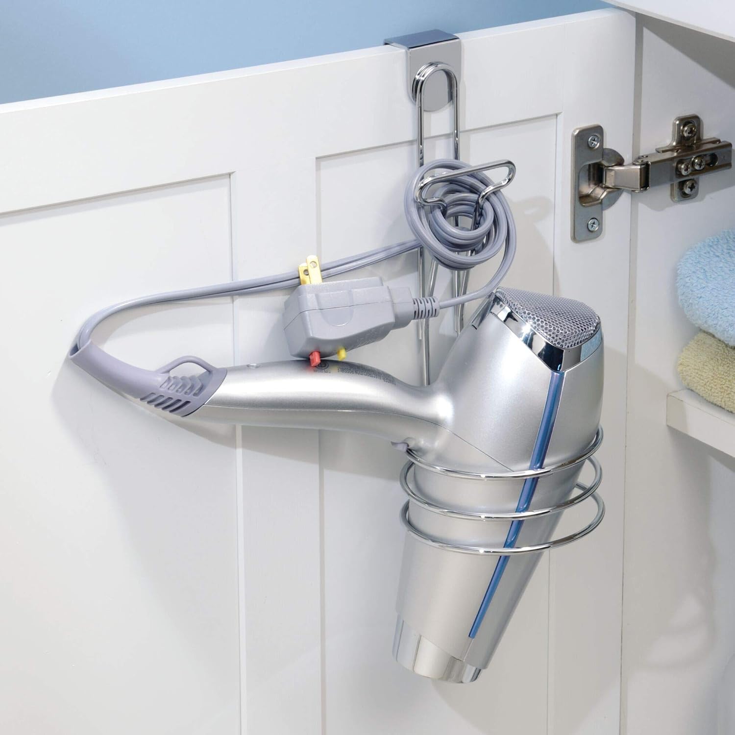 MDesign Porta Asciugacapelli Senza Foratura Da Appendere Alla Porta - Organizer Bagno In Metallo Con 4 Scomparti Per Ferro E Piastra, Argento