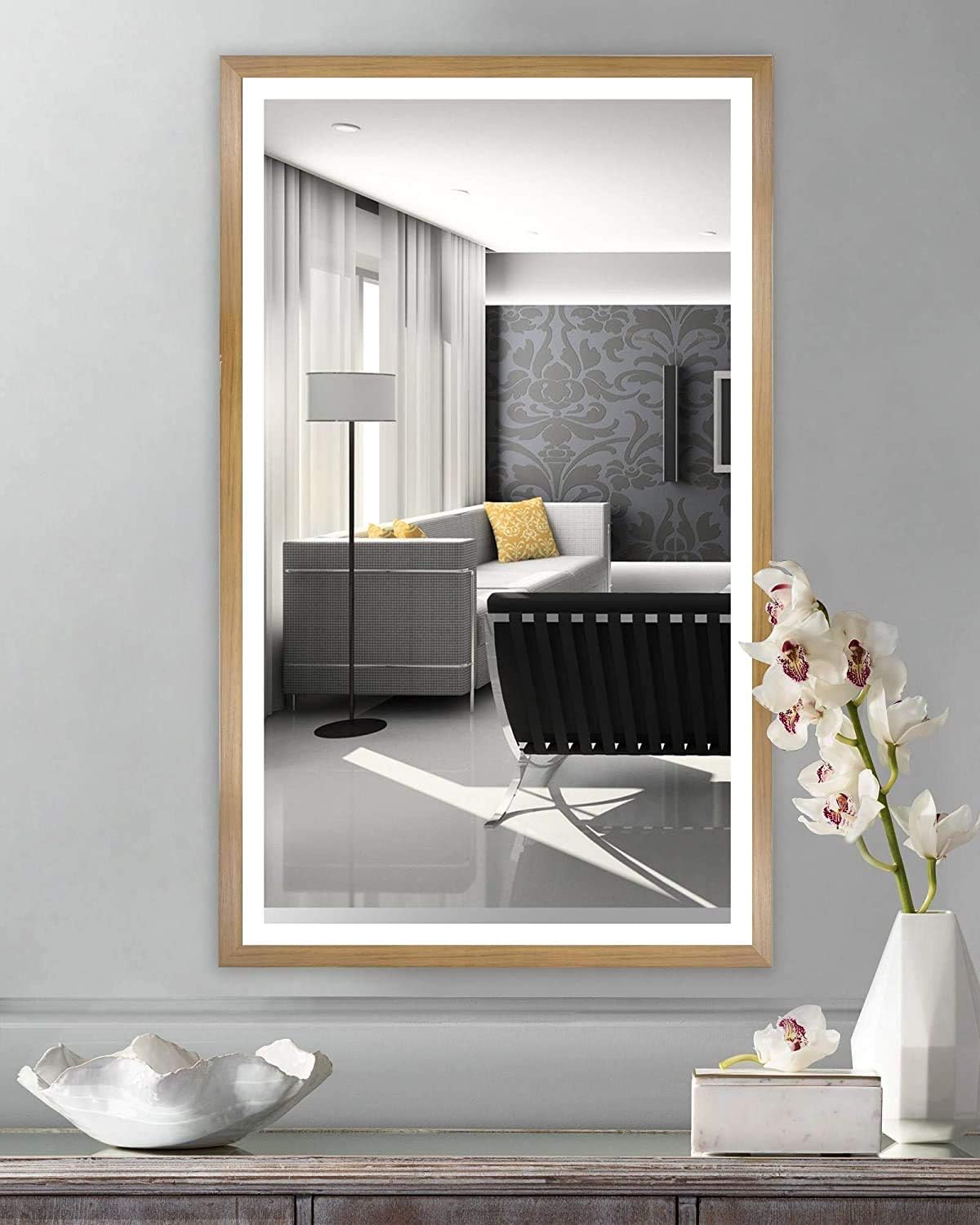 Amazon Com Fumango Led Bathroom Wall Mirror Anti Fog Wall Mounted Handcraft Wooden Frame Bath Vanity Mirror Wall Swift Control Ul Listed 40x24 Inch Large Rectangle Furniture Decor