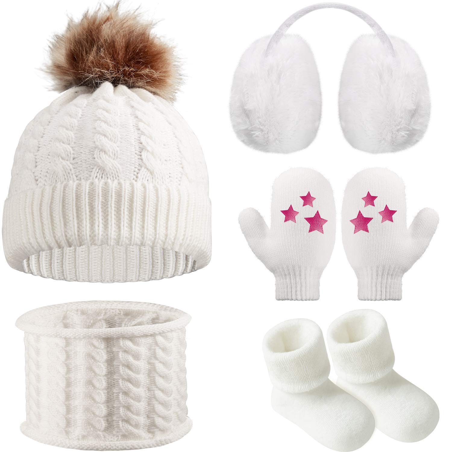 5 Pieces Toddler Winter Warm Set, Baby Winter Warm Hat Gloves Scarf Mittens Earmuffs Socks for 0-3 Years Old (White)