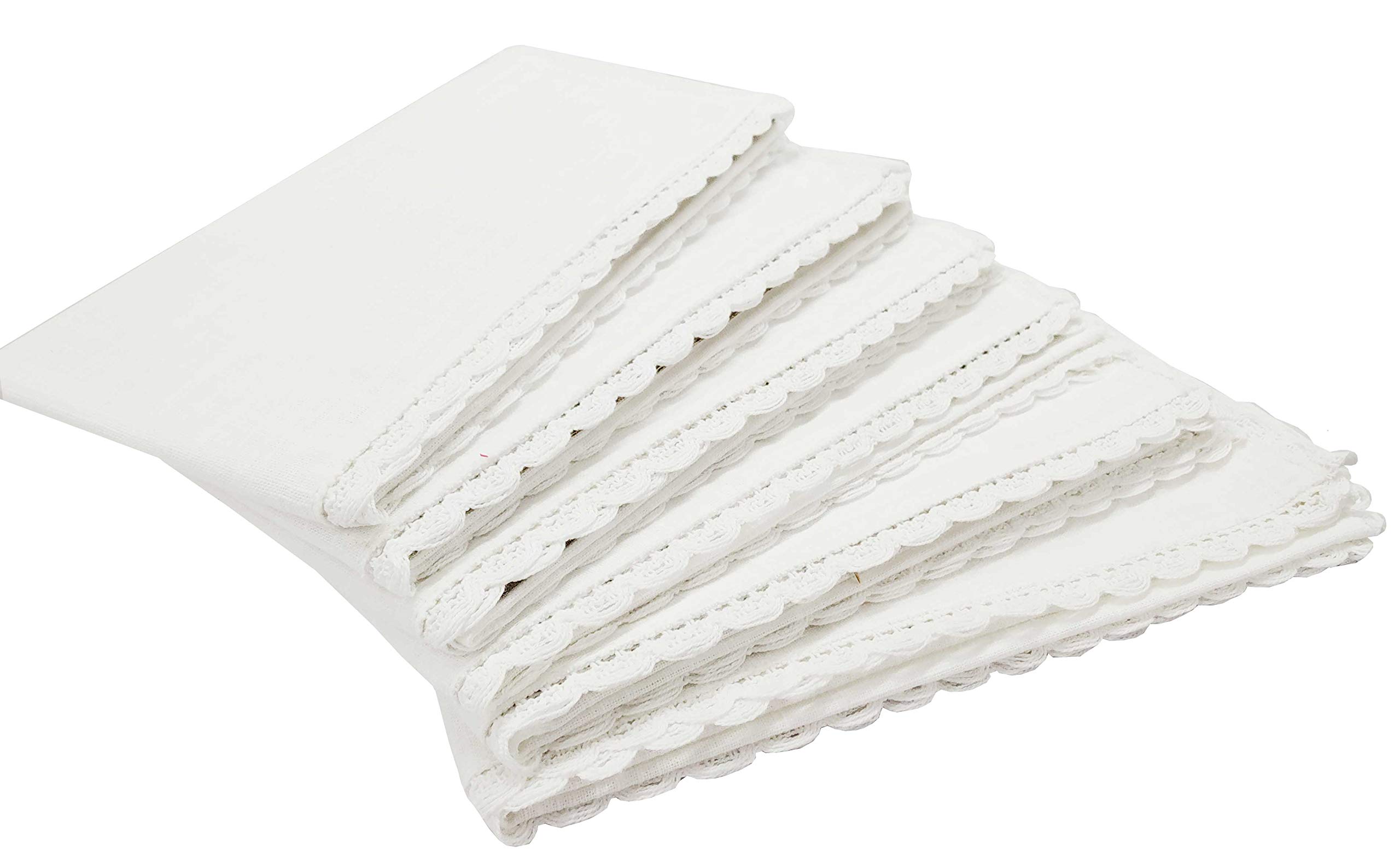 Linen Clubs - Slub Cotton Dinner Napkins with Crochet Lace - White - 16x16 (Set of 6) - 100% Egyptian Slub Cotton with Linen Look - Elegant Cloth - Super value Hand made Ladder Lace Look Napkins