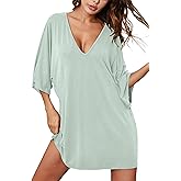 Ekouaer Women's Sleepshirt Deep V Neck Nightgown Batwing Nightshirt Oversized Sleepwear