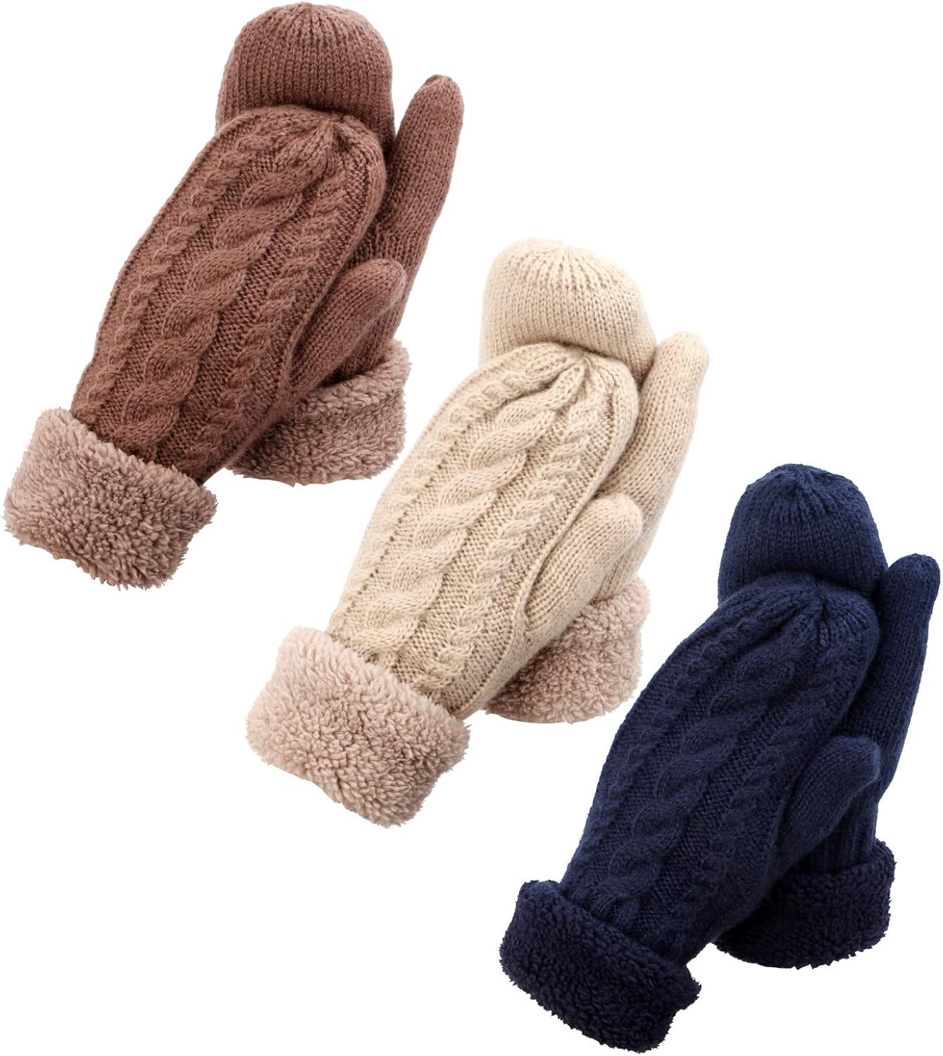 3 Pairs Winter Wool Mitten Gloves For Women,Wool Knit Thick Gloves With Thick Fleece Lining Gift: Clothing