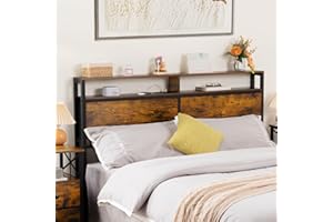 LOAKEKEL Queen Headboard Only, Headboard Queen Size with Outlets and USB Ports, Wood Platform Bed Queen Headboard with 2 Tier Storage Rack, Adjustable Height, Easy Assembly, Rustic Brown HB052BR