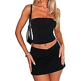 Coloquin Women Two Piece Mini Skirt Set Y2k Going Out Sets Tube Top and Crossover Bodycon Mini Skirt