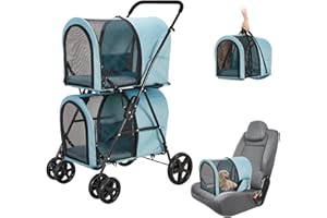 LPOTIUS Double Pet Stroller for Dogs and Cats with 2 Detachable Carrier, Quick-Folding Dog Stroller for Medium Small Dogs Cats, 4 Wheels, Light Blue