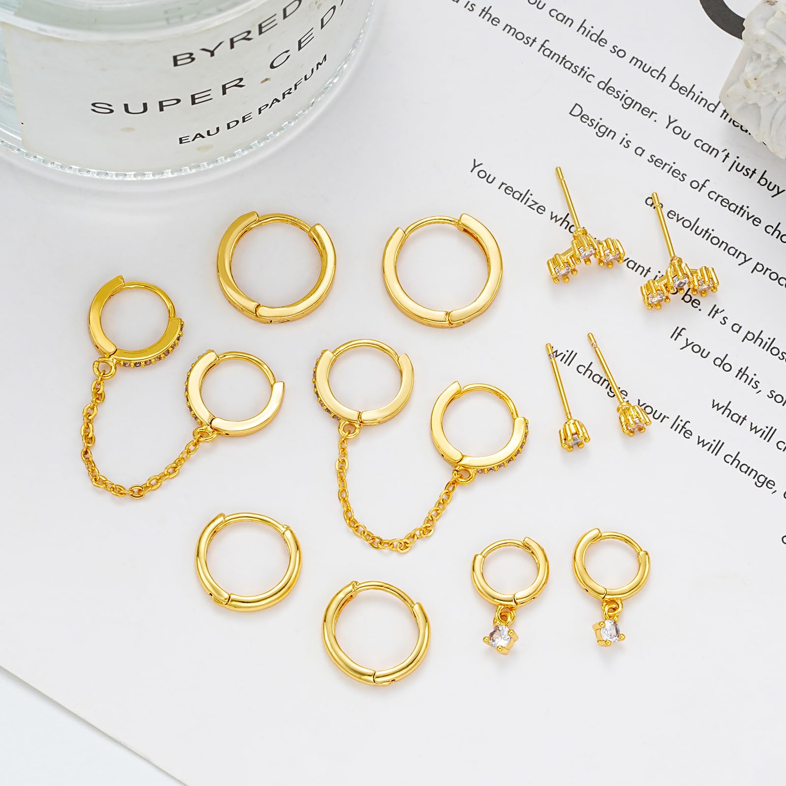 Gold Earrings Set for Women, 14K Gold Plated Stud and Cartilage Earring Sets for Multiple Piercing, Hypoallergenic Stackable Small Gold Huggie Hoop Earrings for Women Jewelry