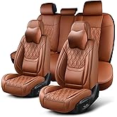 TINRAIYANG Car Seat Covers Full Set, Breathable Leather Automotive Front and Rear Seat Covers & Headrest, Universal Automotive Vehicle Seat Cover for Most Sedan SUV Pick-up Trucks, Brown