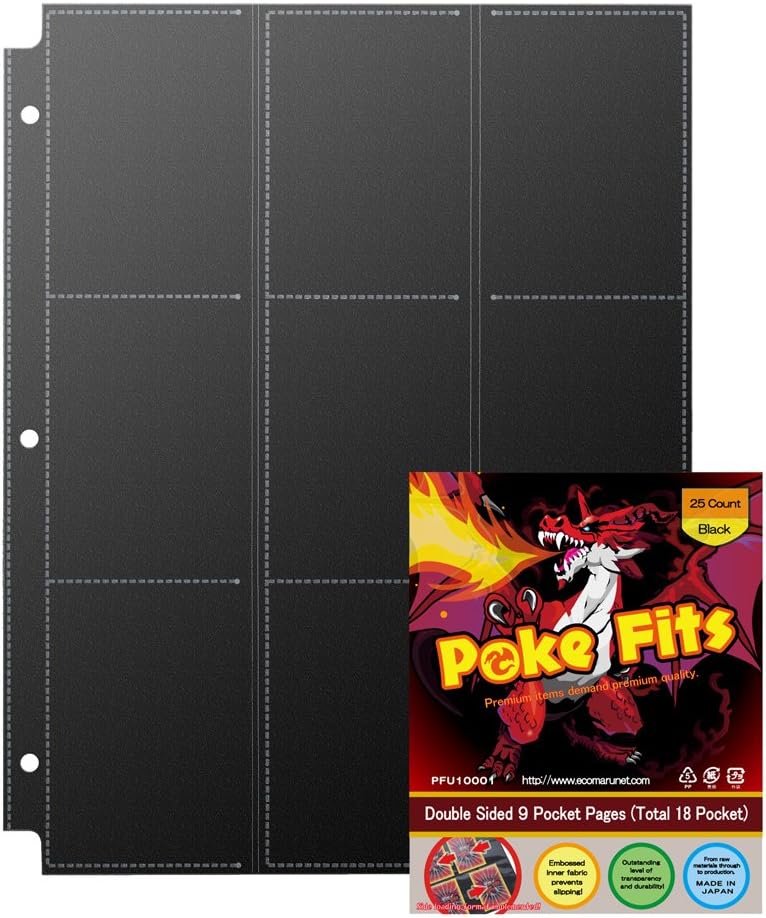 JAPAN QUALITY- Poke Fits Non Slip Trading Card Protectors Black (25 Count) Double Sided 9 Pockets Page (Total 18 Pockets for a sheet) For Collecting Card Binder