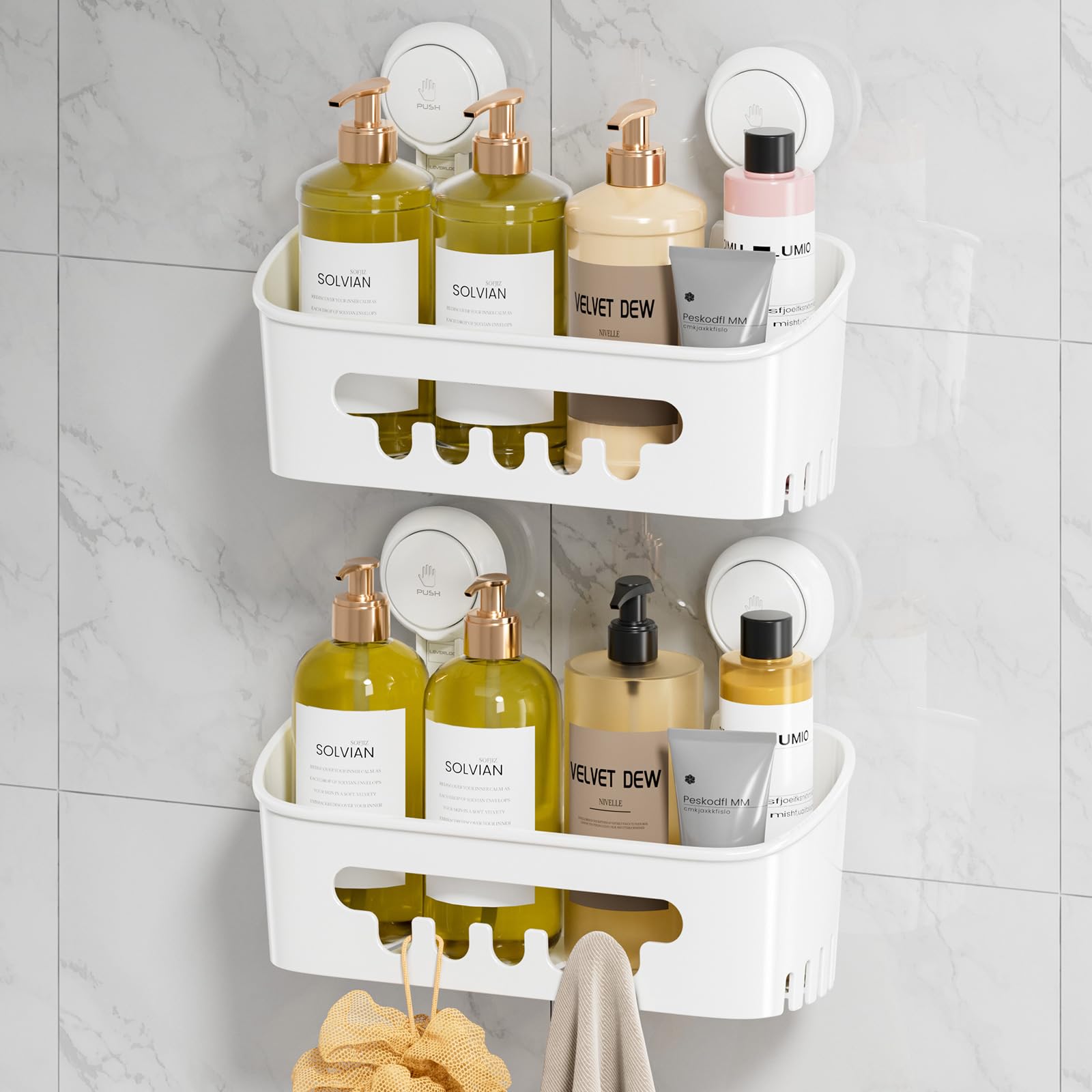 Photo 1 of LEVERLOC Shower Caddy Suction Cup 2 Pack, Shower Organizer Removable Bathroom Shelf, Storage Suction Powerful Max Hold 22lbs Bathroom Caddy Waterproof Holder, White