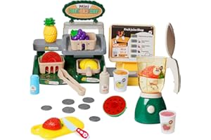 ARK MIIDO Toy Blender Maker Blender Set Toy Cash Register for Kids 28PCS Cash Register Toys Play Store with Realistic Action Cutting Play Fruit Vegetables Fake Food Play Kitchen for Toddlers Boys Girls 3+
