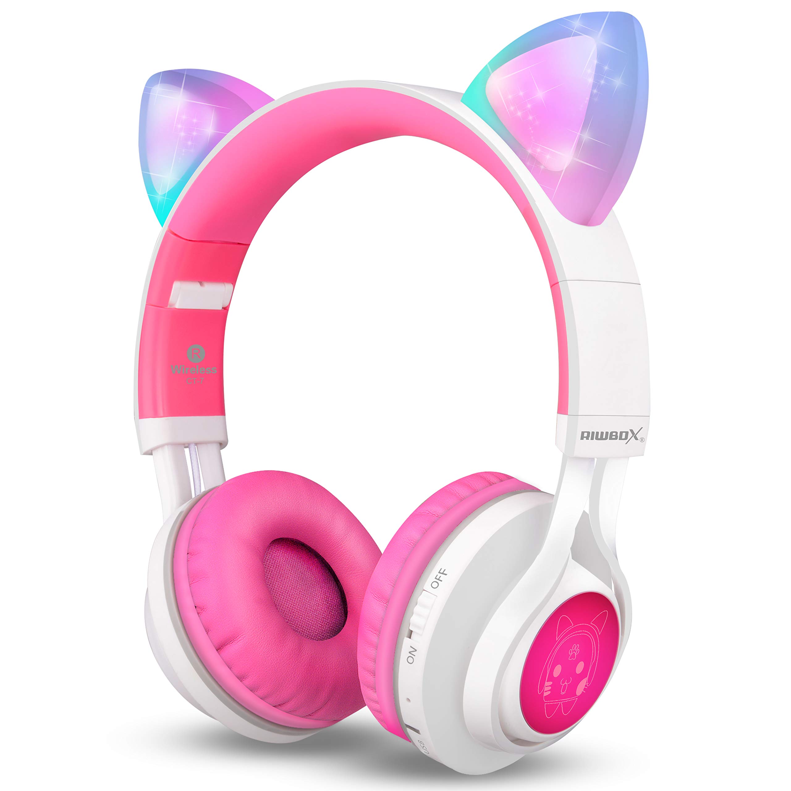 Riwbox Bluetooth Headphones, CT-7 Cat Ear LED Light Up Wireless Foldable Headphones Over Ear with Microphone and Volume Control for iPhone/iPad/Smartphones/Laptop/PC/TV