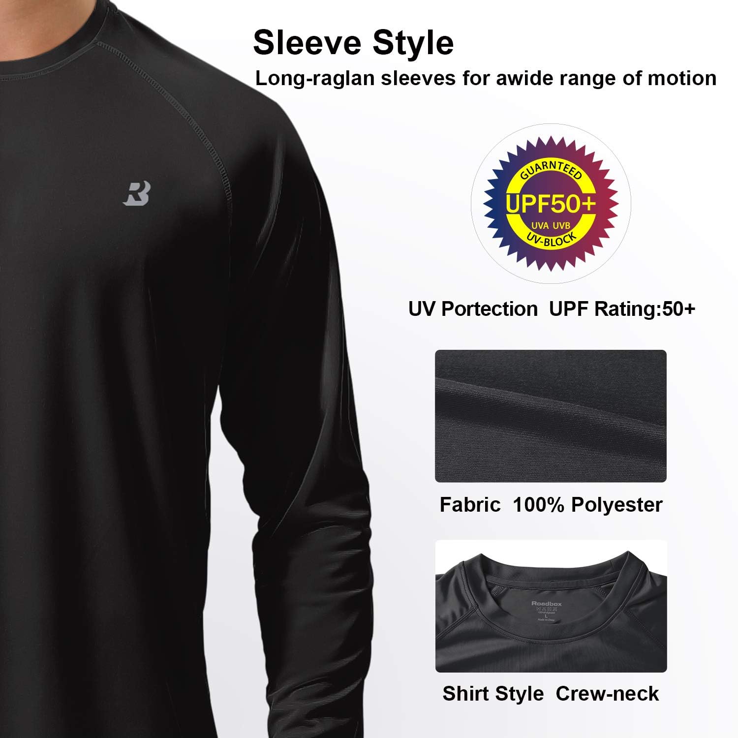 Roadbox Men's Sun Protection UPF 50+ UV Outdoor Long Sleeve Dri-fit T-Shirt Rashguard Shirts for Running, Fishing, Hiking: Clothing
