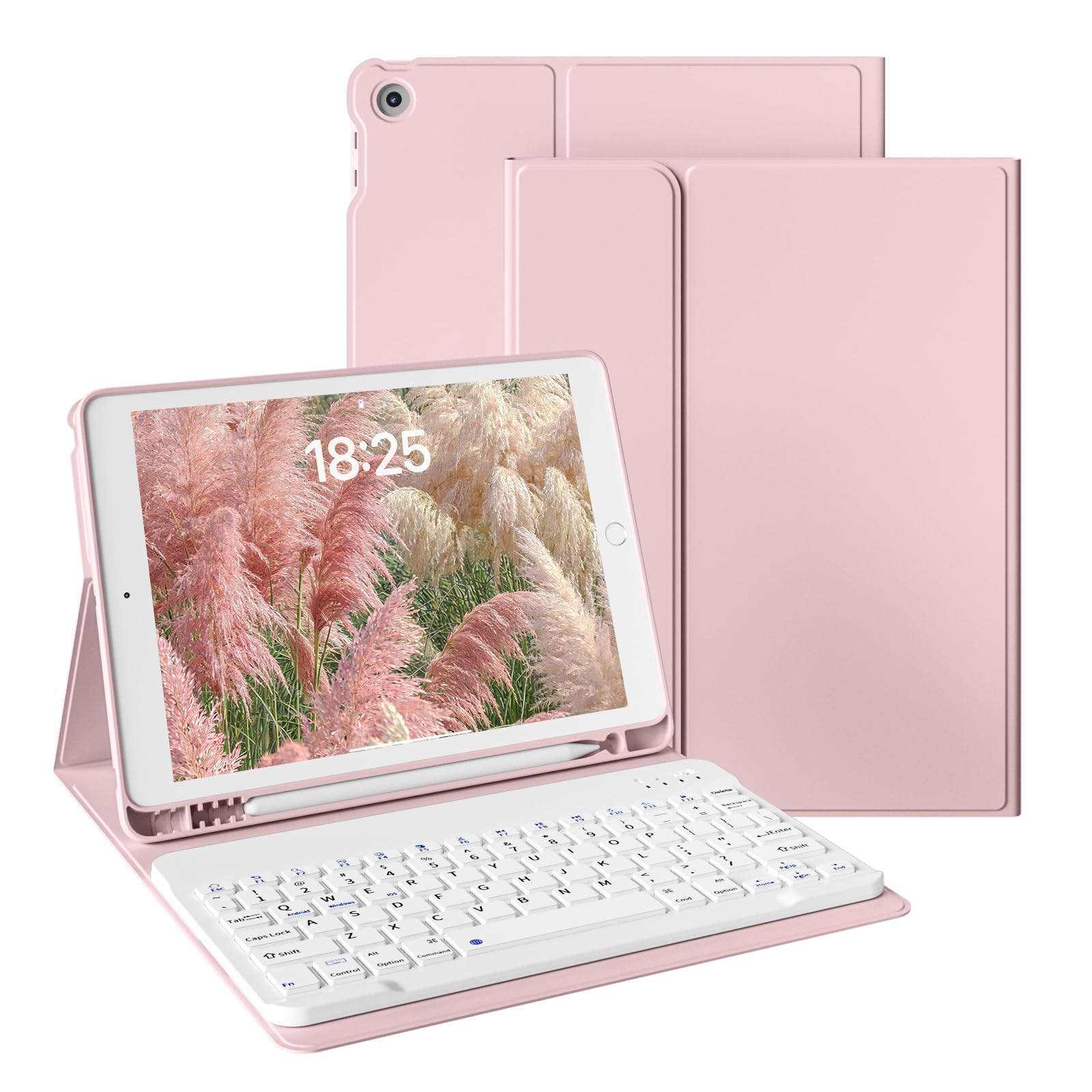zoyu Keyboard Case for iPad 9th/8th/7th Generation (2021/2020/2019) 10.2-inch with Pencil Holder, Slim Stand Cover Soft TPU Back, Magnetically Detachable Wireless Keyboard, Pink